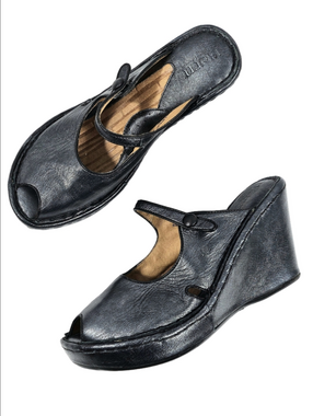 Born Metallic Black Leather Peep Toe Mary Jane Platform Wedge Comfort Shoe